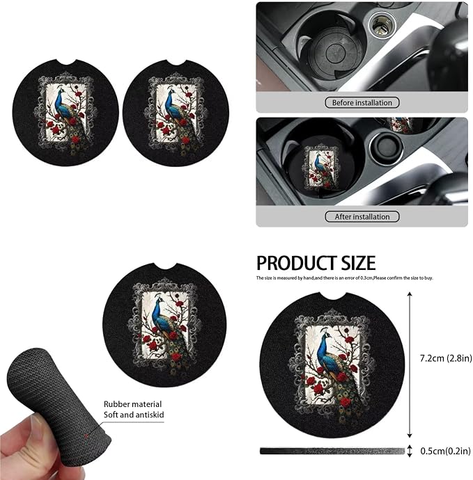 Peacock 13 Pcs Car Seat Covers Full Set, Gothic Rose Peacock Feather Auto Front and Rear Bench Seat Protector, Garden Flower Bird Steering Wheel Sleeve Auto Armrest Cover