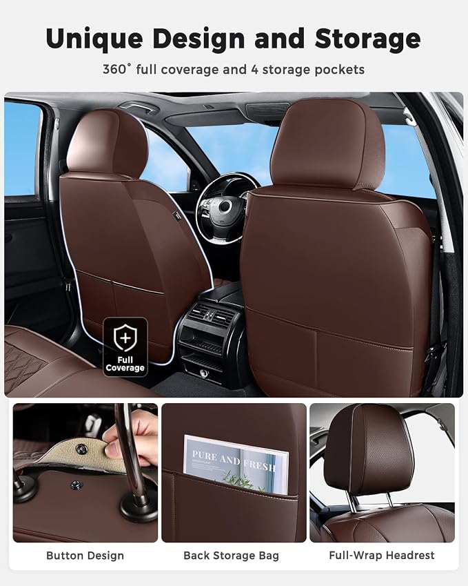 Huidasource Waterproof Faux Leather Car Seat Covers, Universal Fit for Most Cars, SUVs & Trucks, Airbag Friendly, Easy Installation, Scratch Proof for Family Travel, Coffee