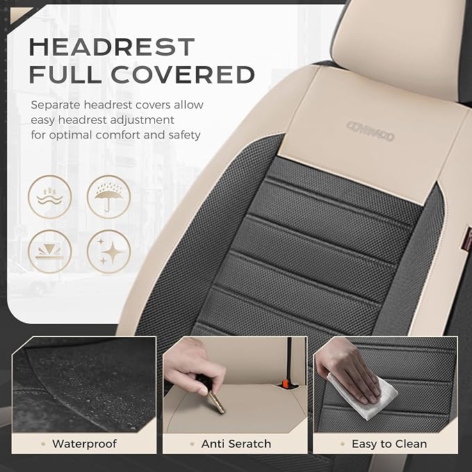 Coverado Car Seat Covers Full Set, Luxury Leather Car Seat Covers, Automotive Front and Rear Mesh Seat Covers, Full Set 5 Seats, Black Beige Seat Covers for SUV Sedan Truck