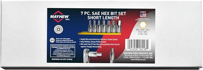 Mayhew Tools 16018 SAE Hex Socket Bit Set, Chrome Plated, 7-Piece