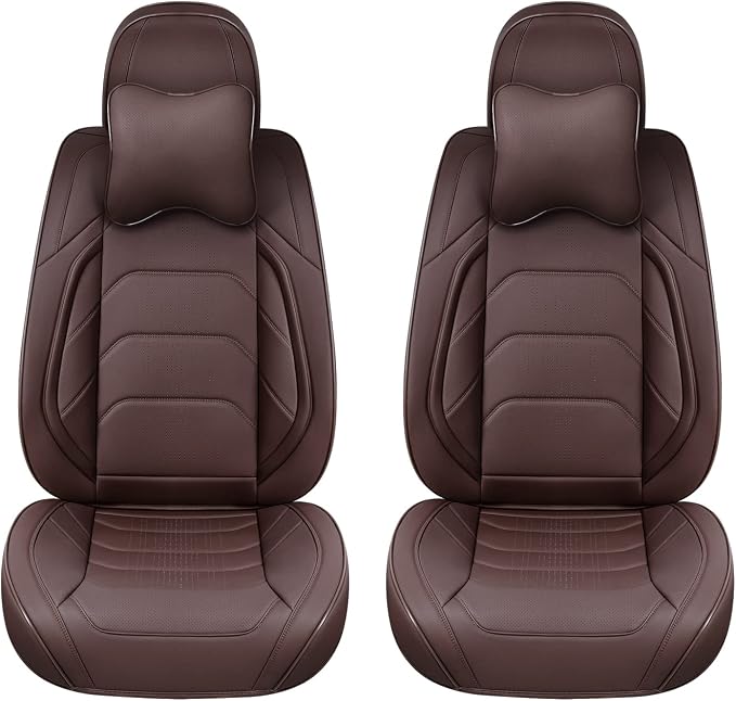 TIEHESYT Brown Car Seat Covers Front Pair, Breathable Leather Automotive Front Seat Covers & Headrest for Reduce The Driving Fatigue, Compatible with Most Vehicles, Cars