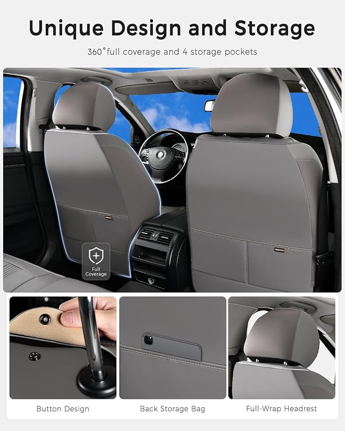Huidasource Gray Seat Covers, Nappa Leather Car Seat Cover with Lumbar Support, Ventilation Holes, Velcro Adjustable, Airbag, Full-Coverage Seat Covers, Universal Fit for Most Cars SUV Trucks, Gray