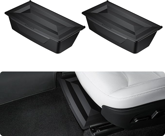 BASENOR 2PCS 2026 Tesla Model Y Juniper Under Seat Storage Box, Hidden Organizer Tray [No-Slip] with Dust Lid, Underseat Storage for 2025 2026 Model Y Juniper