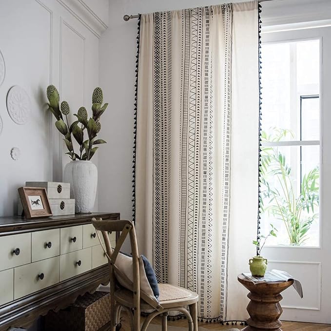 ColorBird Boho Curtains 2 Panels Modern Farmhouse Decor Black and White Striped Geometric Aztec Western Window Treatment Cream Curtain & Drapes for Living Bedroom Dining Room 63 Inch Length