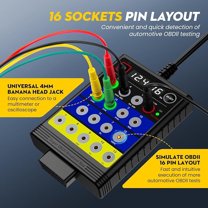 ELMCONFIG Super OBD2 Breakout Box, 16 Pin Automotive Diagnostic Tool, Voltage Constant Tool with Short Circuit Protection, Automotive Circuit Tester with 12 Extension Cables for ECU Bench Testing
