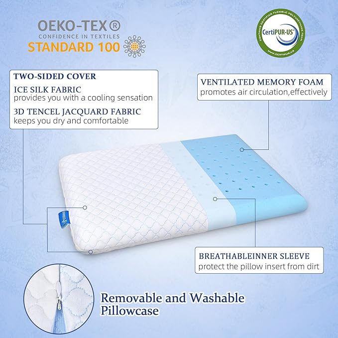 Ultra Thin Flat Pillows for Sleeping Standard Size Set of 2, Cooling Memory Foam Pillow 2.75 inch Height Ultra Thin Pillow,Slim Bed Pillows for Stomach Back Sleeper,16x25 Inch