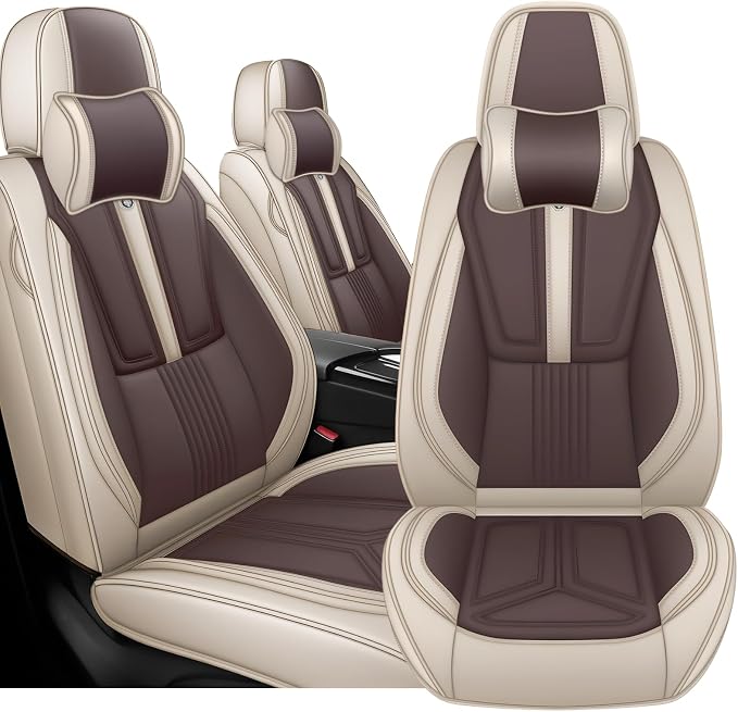 Arazi Fit for 90% of Mercedes-Benz Seat Covers, 360° Full Wrap Original Seat Cover, Waterproof Nappa Leather Seat Covers with Big Space Storage Pocket Seat Protector（2 Seats Luxury, Beige&Brown）