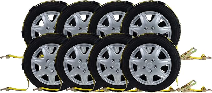 Mytee Products 8 Pack 2" x12' Car Hauler Straps for Trailer w/Ratchet, Swivel J Hook & Rubber Block - 10,000 lbs Breaking Strength Over The Wheel Tire Straps for UTV Hauler - Vehicle Car Tie Down Kit