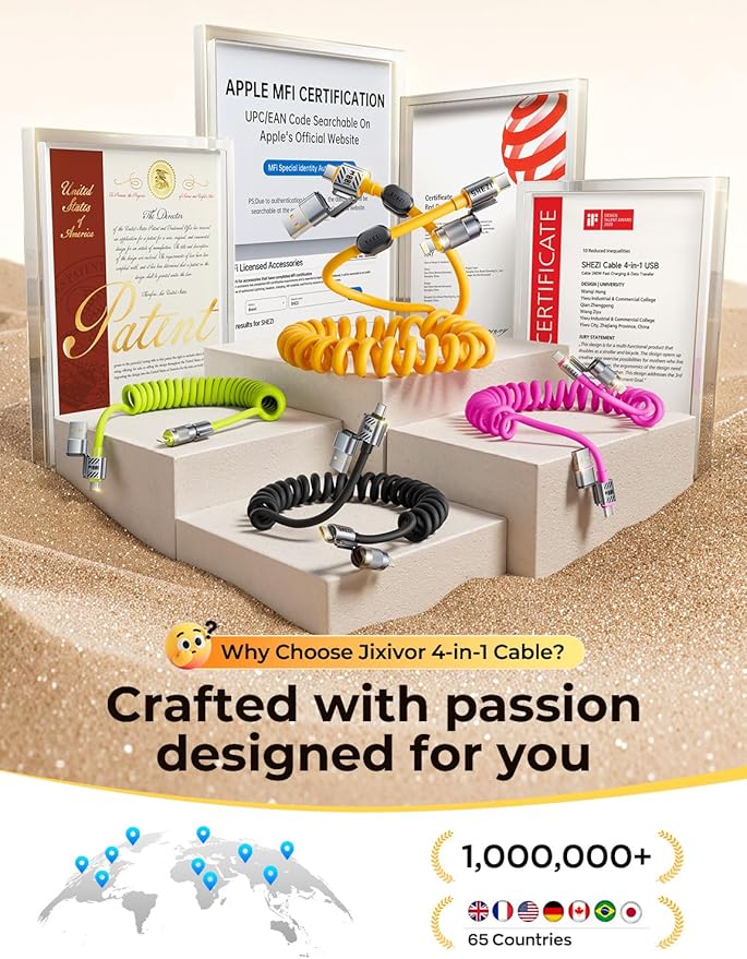 3 Packs Car Cable Bundle, Coiled USB C Cable 5FT 100W(Yellow) with Clip, Braided USB C to USB C Cord 10FT 60W(Gray) and Silicone 4 in 1 Fast Charger 5FT 180W(Yellow)