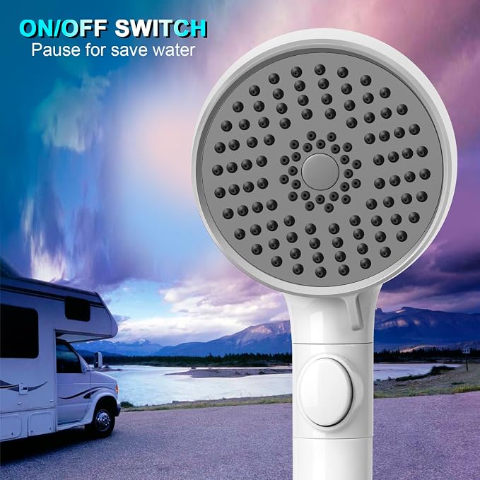 RV Shower Head with Hose, High Pressure 5 Mode Shower head Replacement, Showerheads for RV/Campers, Travel Trailer, Motorhome for Water Saving, Shower Head Holder and Hose, On Off Switch, White