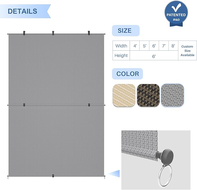E&K Sunrise 4'W x 12'H Outdoor Roller Shades Patio Cordless Roll Up Blinds Foldable Sun Shade UV Block Exterior Sun Screen for Outside Porch Backyard Deck Pergola (Gray)