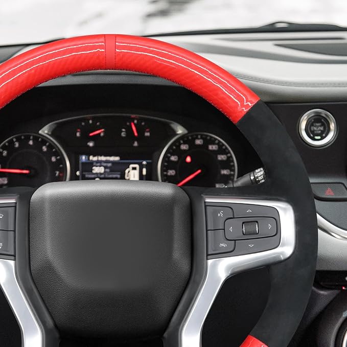 MEWANT DIY Red Shiny PU Carbon Fiber Black Athsuede Steering Wheel Cover Chevy Silverado Blazer 1500 Silverado 2500