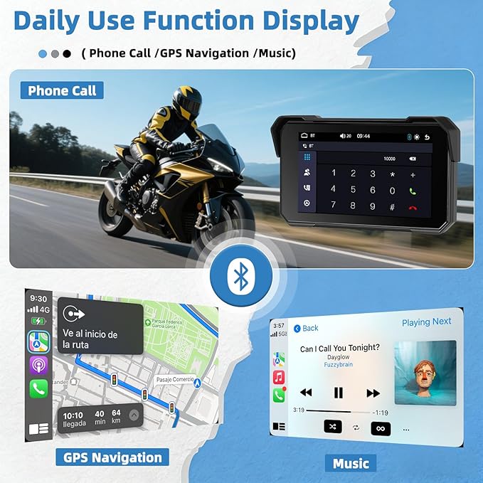 GPS CarPlay 5" IPS Motorcycle CarPlay Screen for Motorcycle with A-pple Wireless CarPlay & Android Auto, IP68 Waterproof, Supports Bluetooth,Navigation,S-IRI/G-oogle Assistant, Vioce Control, Bracket