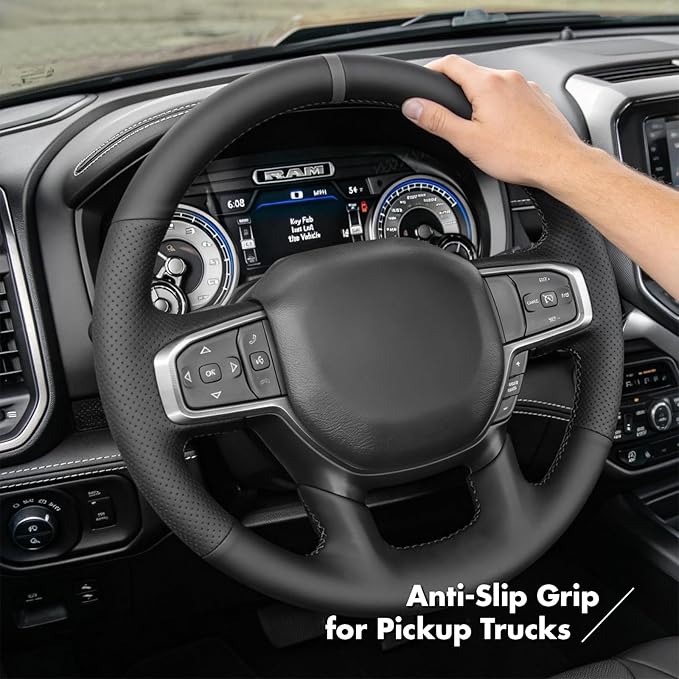 MEWANT Hand-Stitched Steering Wheel Cover Wrap for Dodge Ram 1500 2019-2023 Steering Wheel Accessories for Dodge Ram(Backsides Without Buttons)
