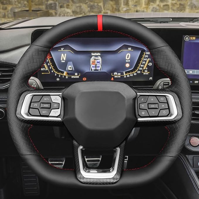 MEWANT Hand Stitch Black Solid Woven Embossed Artificial Leather Steering Wheel Cover for Ford Mustang 2024