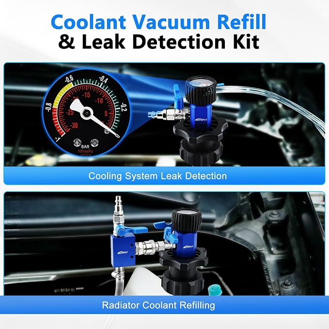 Coolant Vacuum Refill Kit with Gauge, Cooling System Vacuum Fill Tool with Leak Detector, 5 Round Adapters 1 Conical Adapter, Radiator Coolant Fill Kit with Dual-Movement Gauge for Vacuum Leak