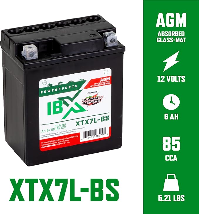 Interstate Batteries YTX7L-BS 12V 6Ah Powersports Battery 85CCA AGM Rechargeable Replacement for Honda, Suzuki, Piaggio Motorcycles, ATVs, Scooters, Snowmobiles (XTX7L-BS)
