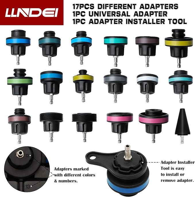 LLNDEI Coolant Radiator Pressure Tester Kit 28PCS Radiator Pressure Tester Pneumatic Vacuum Cooling System Purge Refill Leak/Refiller Set, Universal Automotive Domestic/Import Vehicles, Motorcycle