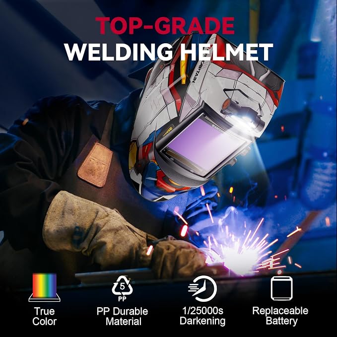 ARCCAPTAIN Large View 3.94" x 3.66" True Color Auto Darkening Welding Helmet with Light, Solar Powered Welding Hood, 4 Arc Sensor Wide Shade 4/5-9/9-13 for Stick MIG TIG Cut, ST