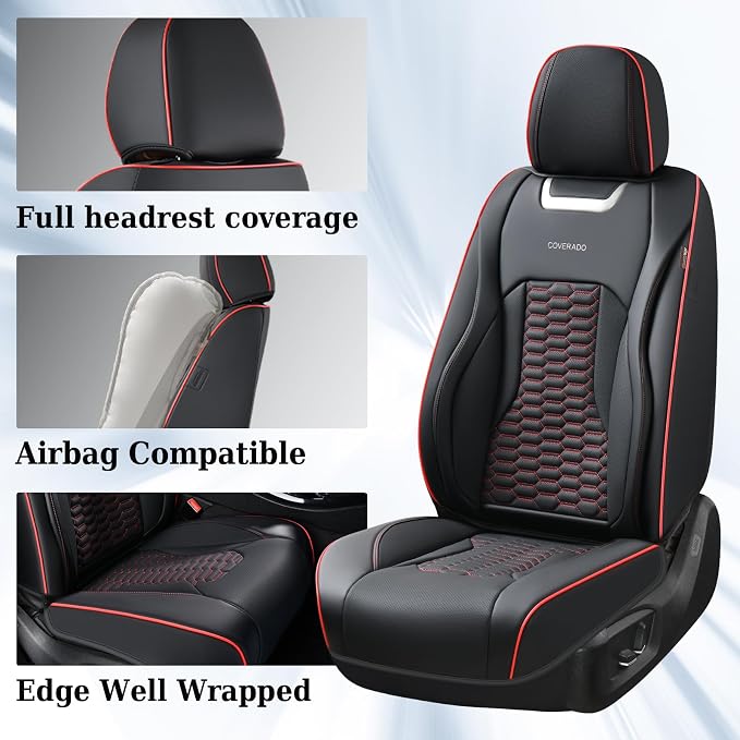 Coverado Front Seat Covers, Car Seat Covers Front Seats, Nappa Leather Waterproof Seat Covers for Car, Car Seat Protectors, Automotive Seat Covers Universal Fit for Most Vehicles(Black&Red)