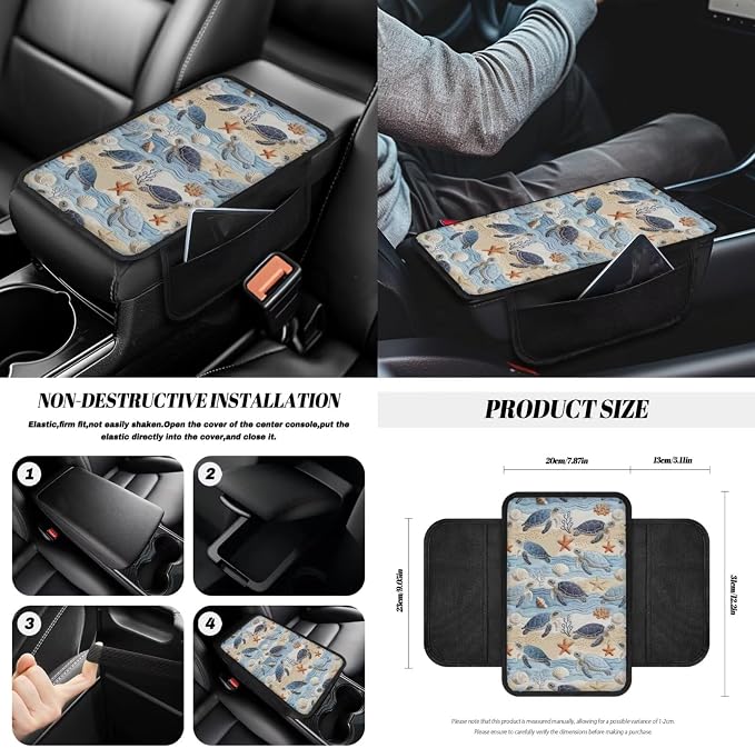 Sea Turtle Print Car Seat Covers Full Set Shell Starfish Print Car Seat Covers Front and Back Full Set with Steering Wheel Cover Armrest Cushion Safety Belt Pads Garbage Bag Coasters