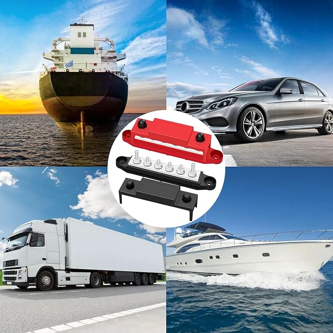 250A 12V Bus Bar Marine, 1/4" Power Distribution Block, Battery Buss Bar, Automotive Busbar Terminal Block for Car and Boat, 6 x 1/4"(M6) Studs (Black+Red)