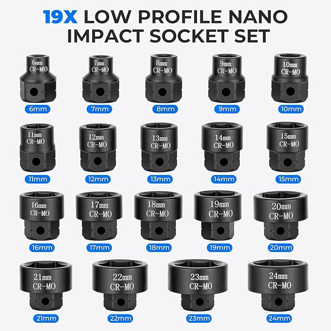19-Piece 3/8" Drive Low Profile Nano Impact Socket Set, 6-24mm, Metric