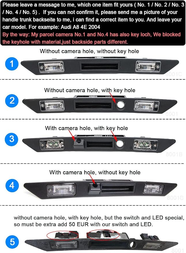 Trunk Handle Vehicle Camera Rear View Camera Parking Reverse for Audi A3 8P7 A4 8E A6 4F2 4F5 A5 8T3 A8 4H E0827574C,8E0827574F 8E0827574C3FZ Waterproof Night Vision Back up Reverse