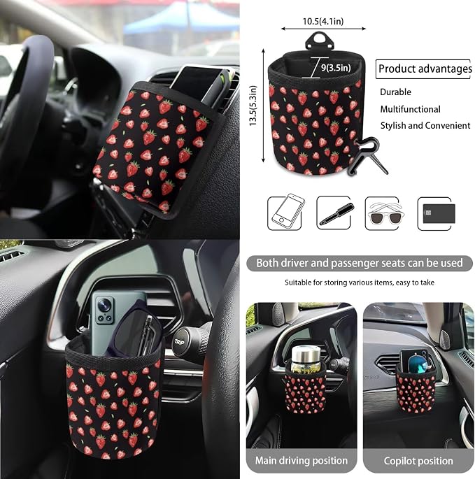 Strawberry Print Car Seat Covers Full Set with Accessories for Women, Decorative Auto Accessories Include Steering Wheel Cover Safety Belt Pads Rearview Mirror Cover Cup Mats