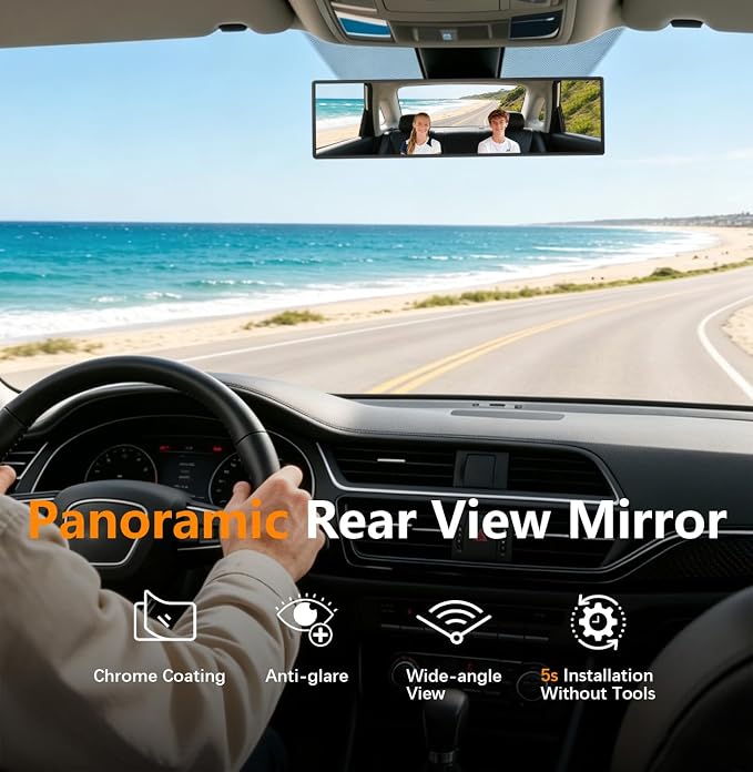 Rear View Mirror, 11.81 Inch Universal Panoramic Clear Rear Mirrors Convex Car Interior Clip on Extra Big Wide Angle Rearview Mirror Extender to Reduce Blind Spot for Car SUV Pickup Trucks
