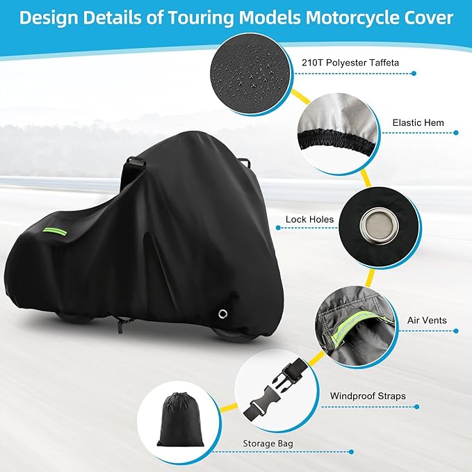 Motorcycle Cover Waterproof for Touring Models Road King/Road Glide/Street Glide/Electra Glide, Heavy Duty Sun UV Rain Snow Outdoor Protection Motorbike Cover with Soft Cotton Lining & Lock Hole