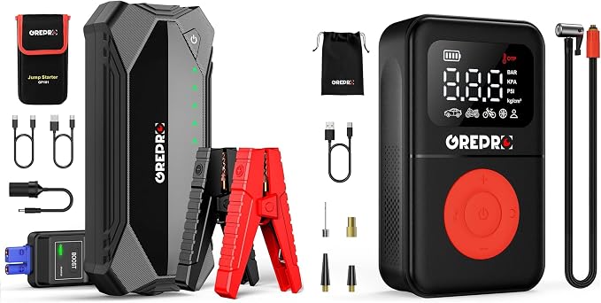 GREPRO 3000A Car Jump Starter (10L Gas & 8.0L Diesel Engines) &Tire Inflator Portable Air Compressor, 160 PSI Portable Air Pump, 3X Faster Air Pump with Digital Pressure Gauge