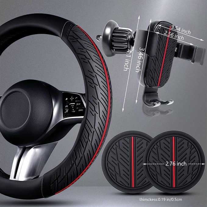 CAR PASS Universal Leather Sport car seat Covers&Leather Rubber Steering Wheel Cover Set,Equipped with Mobile Phone Holder and Non-Slip Cup Mat,Suitable for Steering Wheel 14.5-15”Black Red
