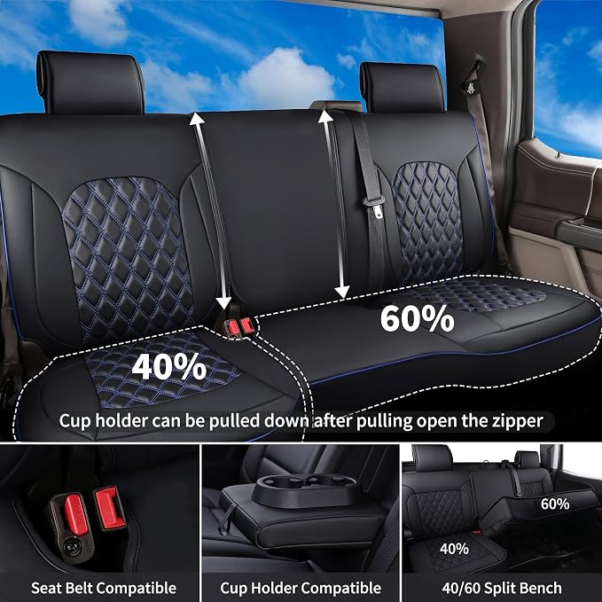 Huidasource Silverado Truck Seat Covers Custom Fit for Chevy Silverado GMC Sierra 1500 2014-2018, 2500HD 3500HD 2015-2019 Crew Double Extended Cab Pickup Waterproof Seat Cover(Full Set/Black&Blue)