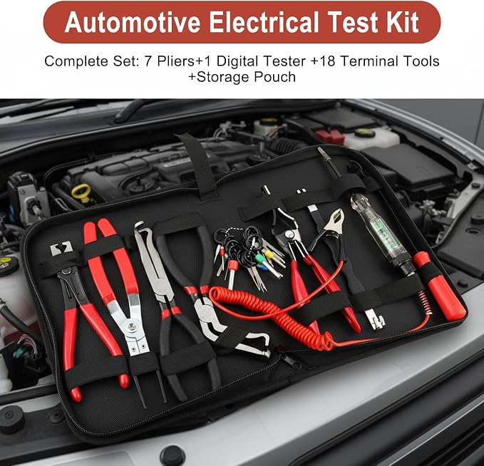 Automotive Electrical Disconnect Pliers Kit with 7 Pliers, 18 Terminal Removal Tools, Digital Voltage Test Pen & Storage Bags, Electrical Connector Removal Tool for Roadside Repairs on Most Cars