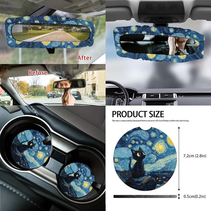 Starry Cat Print Car Seat Covers Front and Back Full Set with Steering Wheel Cover Armrest Cushion Safety Belt Pads Rearview Mirror Cover for Most Cars, Easy to Install