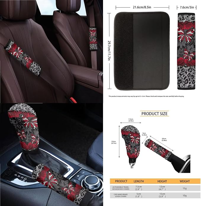 14Pcs Car Seat Covers Full Set Butterfly Rose Leopard Print Car Front Back Seat Covers with Steering Wheel Cover Armrest Cushion Safety Belt Pads Rearview Mirror Cover, Easy to Install