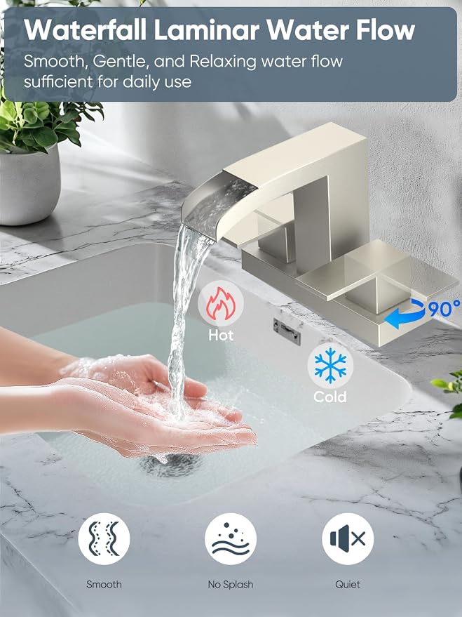 Cobbe Waterfall Bathroom Faucets 3 Hole, Brushed Nickel Bathroom Sink Faucet Square 4 Inch Centerset with Pop-Up Drain, 2 Handle and 2 Supply Hoses, Lead-Free Stainless Steel for Vanity Sink Rv