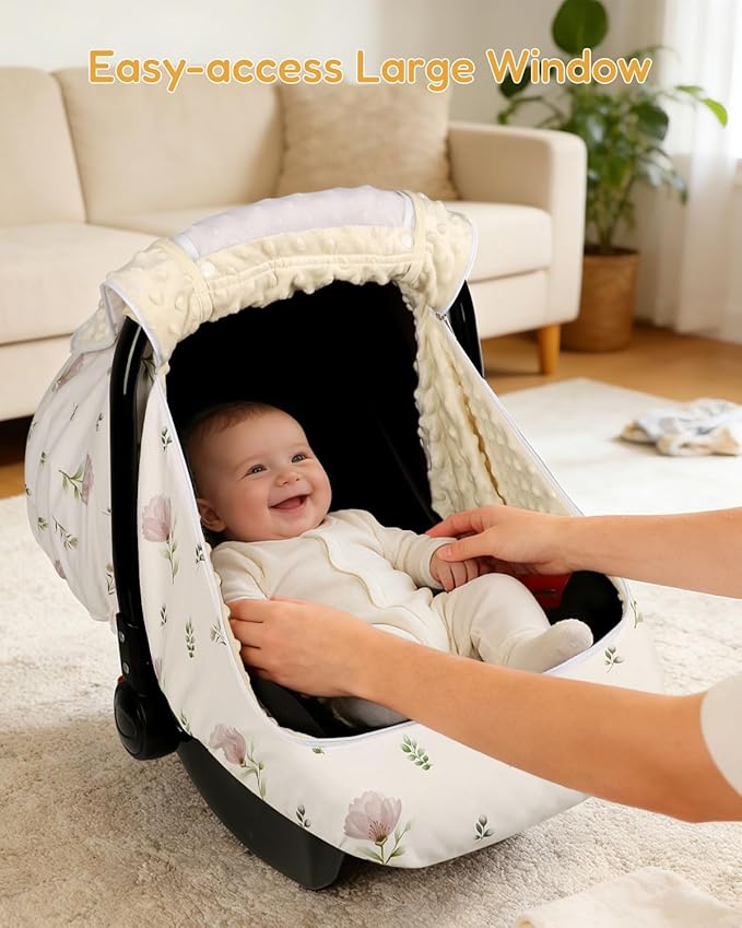 SWESEN Baby Car Seat Cover/Insert, Summer Carseat Covers Baby Girl, Easy Access carseat Canopy Snug Fit Baby Stroller, Dual-Layer Protection, Cooling Mesh & Roll-Up Sun Shade, Floral