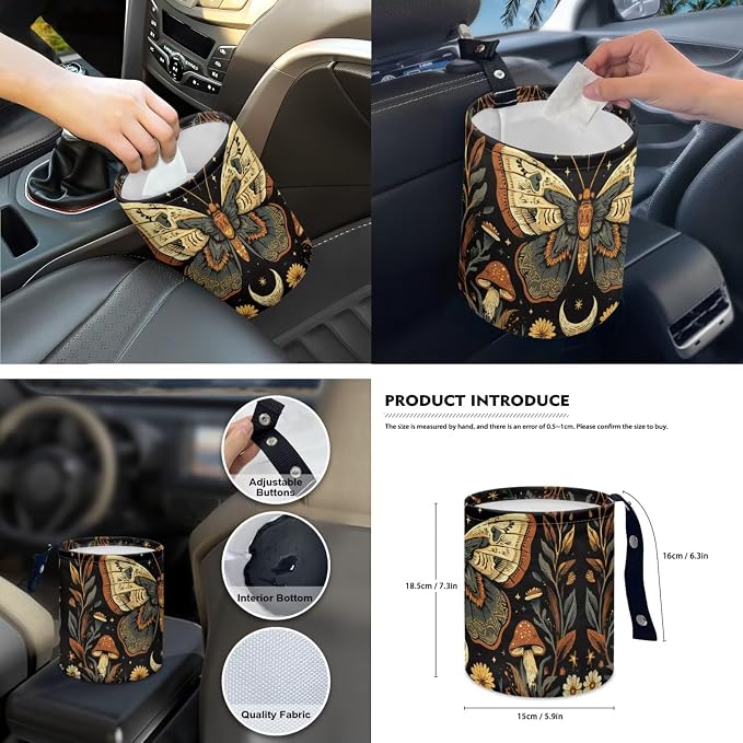 Goth Moon Moth 15Pcs Car Seat Cover Full Set Car Steering Wheel Cover Seat Belt Cover Trash Bin Front Rear View Mirror Car Cup Holder Keychain