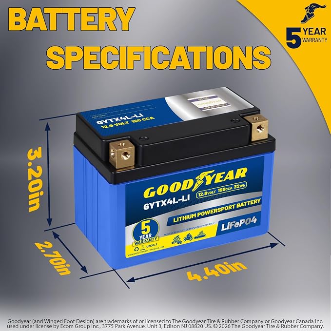 Goodyear GYTX4L-LI Lithium LiFePO4 12.8V 150CCA Rechargeable High Performance Powersport Battery with Smart BMS Replacement for Motorcycle, ATV, UTV, Scooter, Watercraft, Jet Ski, and Snowmobile