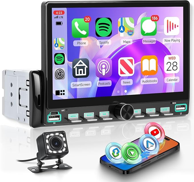 Single Din Car Stereo with Wireless A-pple Carplay Android Auto You-Tube, 7" IPS Touch Screen Car Radio 1 Din with Piano Keys Support Backup Camera Mirror Link Bluetooth FM USB EQ SWC
