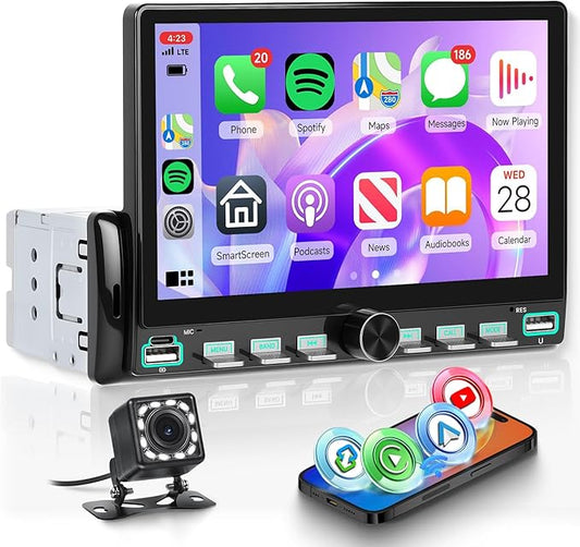 Single Din Car Stereo with Wireless A-pple Carplay Android Auto You-Tube, 7" IPS Touch Screen Car Radio 1 Din with Piano Keys Support Backup Camera Mirror Link Bluetooth FM USB EQ SWC