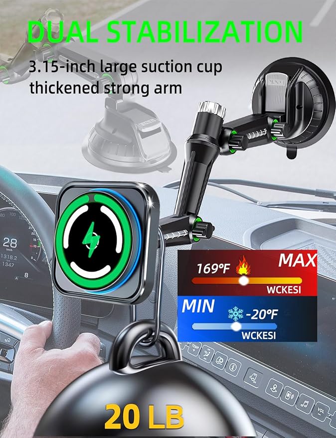 for MagSafe Car Charger, Phone Mount Holder for Truck,【11-inch Long arm】 15W Qi2 Magnetic Wireless Car Charging Windshield Dashboard, Truck Accessories, for iPhone 17 16 15 14 13 12 Series