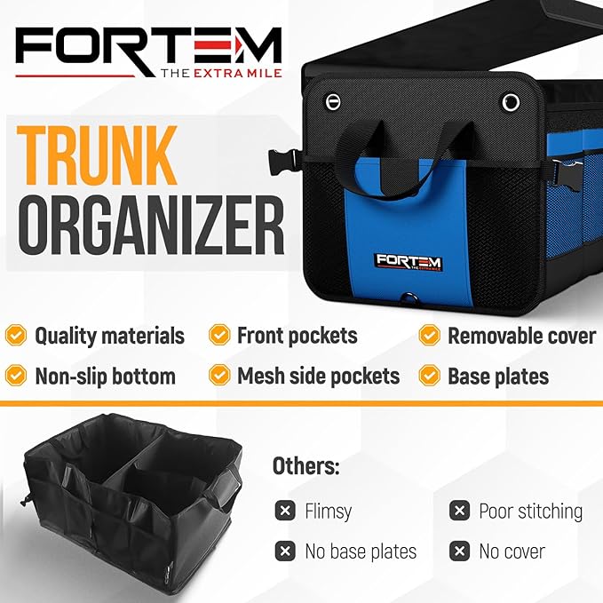 FORTEM Trunk Organizer For SUV Car Organizer and Storage, Multi-Compartment Storage Bag Car Accessories for Women Men, Perfect Christmas Gifts, 1680D Oxford, Non Slip Bottom, Straps, Soft Cover (90L)