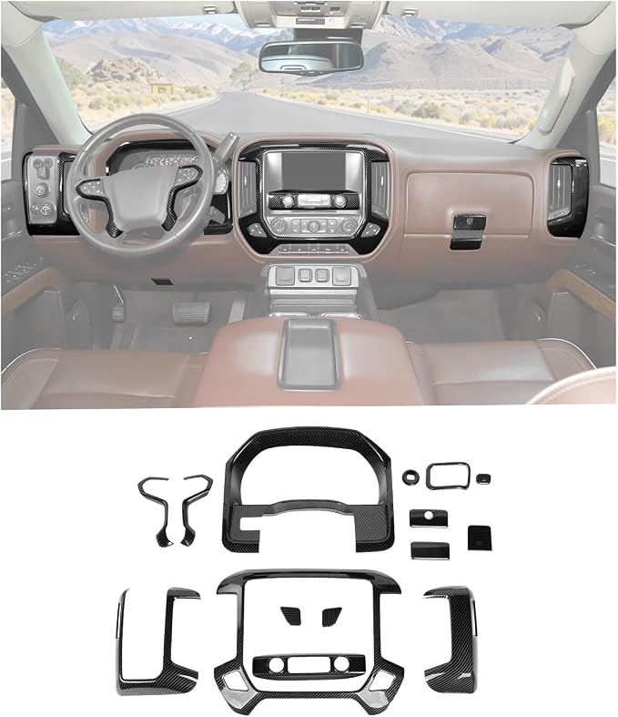 JWWY Interior Trim Kit Compatible with 2014–2017 Chevy Silverado & GMC Sierra, Center Console Dashboard Passenger Side Glove Box & Push Start Button Cover Trim Accessories Carbon Fiber 15pcs