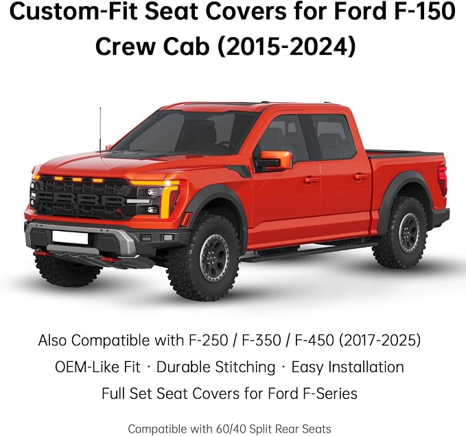 W&PMAX Front Seat Covers for Ford F-150 (2015–2024), Custom-Fit Waterproof Leather Seat Covers, Heated & Cooling Compatible, Anti-Slip OEM Fit – 2 PCS Front, Black