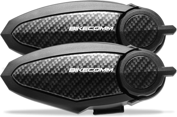 BIKECOMM BK-S2 Motorcycle Bluetooth Headset Intercom – 1200M Range Wireless Speakers - Helmet Communication System, IP67, Carbon, Twin Pack