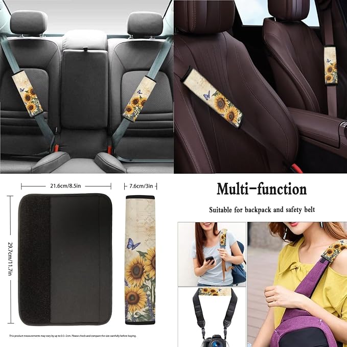 Xoenoiee Vintage Sunflower and Butterfly Car Seat Cover Front & Rear Seat Cover with Steering Wheel Cover + Seat Belt Cover+ Cup Coasters+ Key Chains Universal Fit for Van Truck SUV