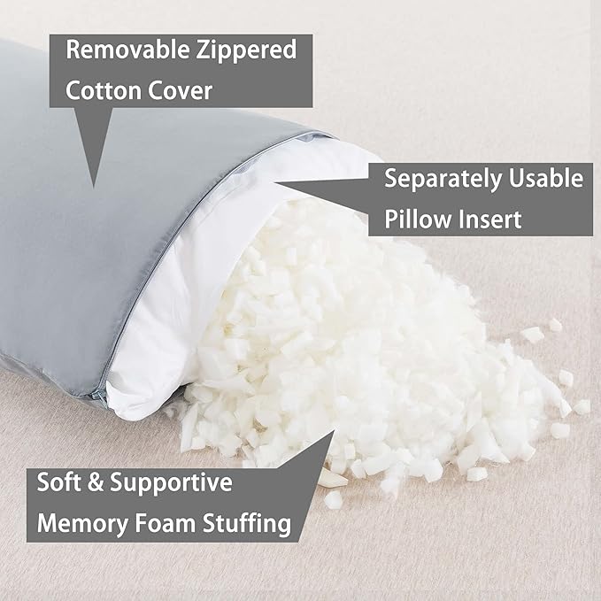 WhatsBedding Memory Foam Body Pillow with Breathable Zippered Cotton Cover, Full Body Pillow for Adults, Long Pillow for Sleeping, Firm Pillow Fluffy Supportive - Grey